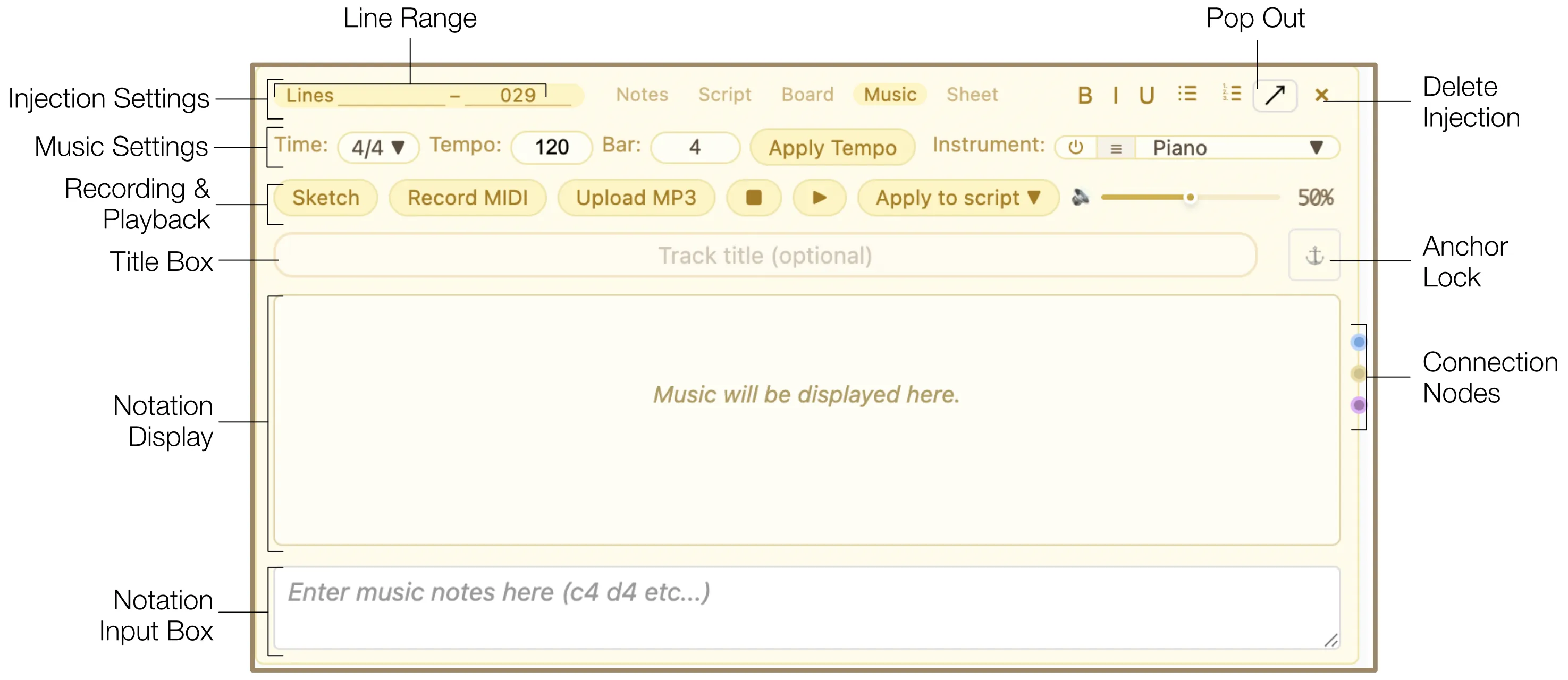 Music injection overview showing Injection Settings, Music Settings, Recording, Notation Display, and Connection Manager